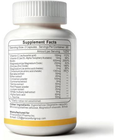 Pro Comfort Blood Sugar Complex Supplement-Supports Healthy Blood Sugar Levels Already Whithin Normal Range All Natural with Cinnamon Chromium Mulberry Alpha Lipoic Acid-60 Capsules - Buy Online on GoSupps.com