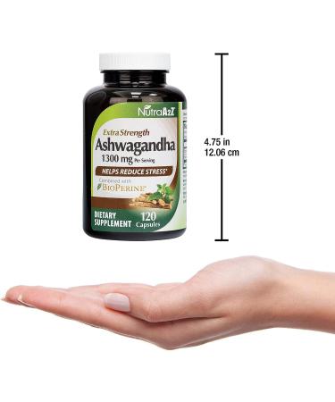 NutraA2Z Extra Strength Ashwagandha - 120 Vegetarian Capsules - 1300mg Root Powder with BioPerine - Stress Reduction Support - Buy Online on GoSupps.com