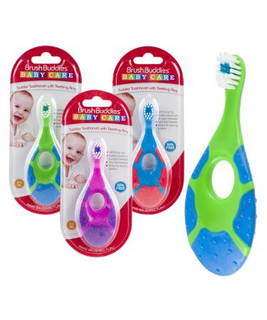 Baby Beginner Toothbrush for Baby  boy  and Girl. Learning Toothbrush with Bottom Suction Cup for Infants  Toddlers  and Children. (Orange/Green/Yellow) - 3pk