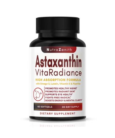 Astaxanthin Supplement with Omega-3 Vitamin E & Lutein 60 Capsules for Super Antioxidant Support Energy Boost Mental Clarity & Eye/Skin Care Triple-Action Formula (Powerful Antioxidant Complex)