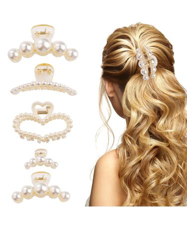 5Pcs Pearl Hair Clip Plastic Women Hair Claw Clips Non-Slip Strong Pearl Hair Clips for Women Thick Fine Hair