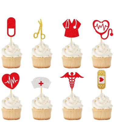 Whaline 25Pcs Nurse Theme Cupcake Toppers Glitter Stethoscope Heartbeats Cupcake Food Sticks Thank You Nurses Paper Cake Picks for Nurse Graduation Retirement Party Supplies Cake Decoration 9 Design