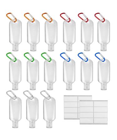 LotFancy Travel Bottles with Keychain, 70ml 2.4Oz, 15Pc Empty Plastic Carabiner Bottles, Refillable Squeeze Bottles for Hand Sanitizer, Leakproof, 15 labels Included 15 Packs