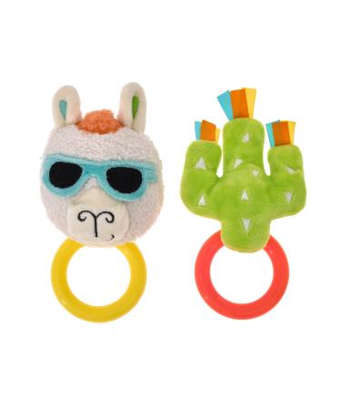 Sassy Baby Larry Llama and Cactus Multi-Colored Developmental Plush Teether Rings Two Pack with Rattle