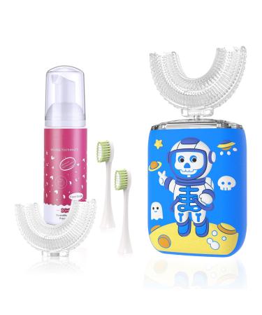 Waideecia Kids U Shaped Electric Toothbrush Automatic Ultrasonic Toddler Toothbrushes with IPX7 Waterproof Children's Foam Mousse Toothpaste and 4 Brush Heads (Age 2-6  Blue) Age 2-6 Blue