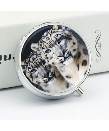 Round Blue Eyed Snow Leopard Pill Box - 3 Compartment Metal Organizer | Portable Decorative Pill Case - Buy Online on GoSupps.com