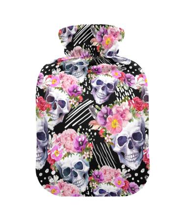 Hot Water Bottles with Cover Skulls and Flowers Hot Water Bag for Pain Relief for Women Girls Children 2 Liter