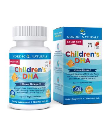 Nordic Naturals Childrens DHA, Strawberry - 120 Mini Chewable Soft Gels for Kids - 250 mg Omega-3 with EPA & DHA - Brain Development & Function - Non-GMO - 30 Servings 120 Count (Pack of 1)