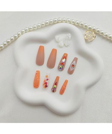 Coffin Press on Nails - Long Orange Glitter Acrylic Nails with Maple Leaves & Diamond Charms | 24Pcs Fall False Nails for Women - Buy Online on GoSupps.com