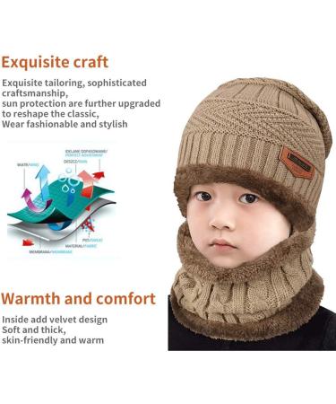 Aisprts Kids Winter Beanie Hat and Scarf Set - Knitted Thermal Fleece Lining - Khaki - Buy Online on GoSupps.com