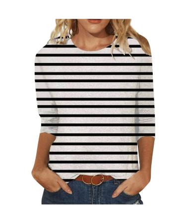 Yihaojia Fall Tops for Women 2023 Trendy 3/4 Sleeve Crewneck T Shirts Tee Plaid/Stripes Print 3/4 Sleeves Pullover Blouse Black#199 Small