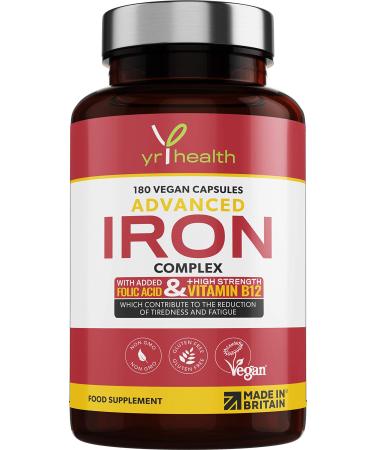 Iron Supplement 20mg Maximum Strength Anti Fatigue Complex - 180 Vegan Capsules not Iron Tablets for Men & Women with Vitamin B12 Folic Acid Vitamin C B6 Zinc Copper - Made in The UK by YrHealth