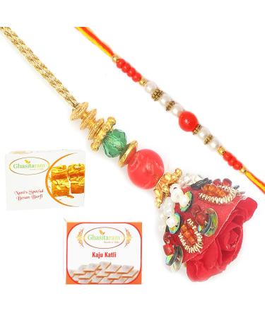 Ghasitaram Gifts Rakhis Online - Rakhi for Brother- Red Velvet Bhaiya Bhabhi Rakhi with 200 GMS of Besan Barfi and 200 GMS of Kaju Katli Rakhi Set with 200 gms of Besan Barfi & Kaju Katli