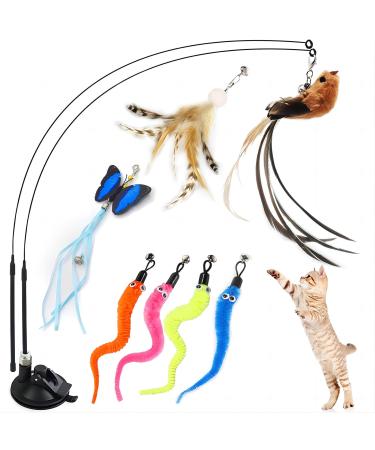 GIAPINST Cat Toys for Indoor Cats Adult Interactive Cat Feather Toys with Bell Cat Teaser Wand With Suction Cup for Kitten Playing Training Hunting Exercising Brown