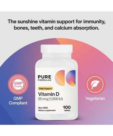 PureFormulas Vitamin D3 1,000 IU 25 mcg - Premium Vitamin D Supplement for Healthy Bone Formation, Teeth, Cardiovascular Health, and Immune Support Non-GMO - 100 Count Tablets 100 Count (Pack of 1) - Buy Online on GoSupps.com