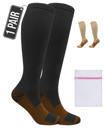 360 RELIEF 1 Pair Copper Compression Socks Women & Men 15-20 mmHg Varicose Veins Travel Running Pregnancy Socks L/XL Black + Laundry Bag L-XL 02 1Pair-Black