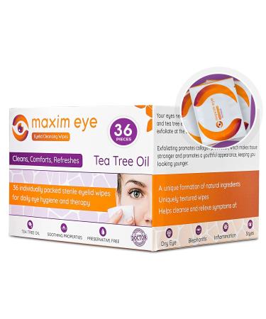 Maxim Eye Tea Tree Eyelid Wipes 36 Pieces, Exfoliating Eyelid Scrubs for Dry, Itchy, Swollen and Irritated Eyes, Eyelid Cleanser and Makeup Remover, Individually Packaged Eyelash Wipes 36 Pieces (1 Pack)