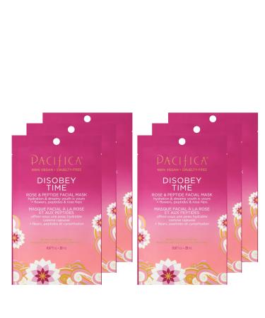 Pacifica Beauty Disobey Time Peptide Hydrating Facial Sheet Mask | For All Skin Types | 6 Count | Hyaluronic Acid Rose + Peptides | 100% Cotton Mask | Moisturizing + Calming | Vegan + Cruelty Free