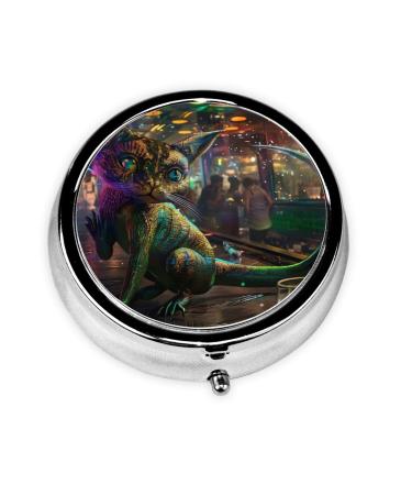 The Cyberpunk Cat Portable Metal Pill Box Round Mini 3-Compartment Plastic Insert hinged Fastening Design Suitable for Small Pills Must-Have for Travel Black