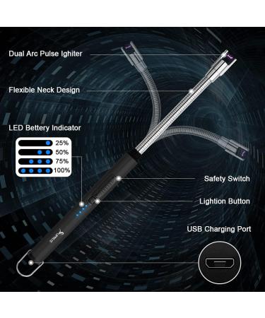 Candle Lighter SUPRUS Rechargeable Electric Arc Lighter Triple Safety Long Lighter Stainless Steel Shell & Hanging Hook with 360 Flexible Neck Black - Buy Online on GoSupps.com