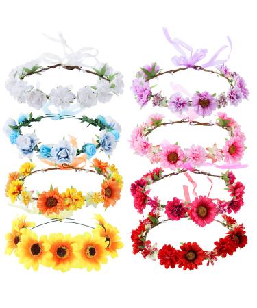 Cinaci 8 Pack Boho Hawaiian Sunflower Daisy Rose Flower Crown Wreath Handmade Adjustable Headbands Tiara Garland Wedding Party Headpiece Accessories for Women Brides Bridemaids Girls Teens