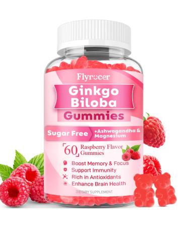 Ginkgo Biloba 300mg Gummies for Adults & Kids, Ginkgo Biloba Supplements for Focus, Memory, and Brain Health, Vegan, Sugar-Free, Raspberry Flavor, 60 Count 60 Count (Pack of 1)