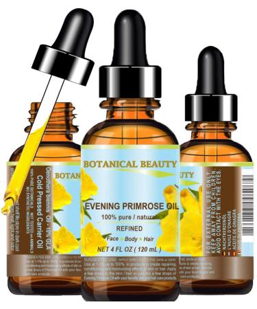Botanical Beauty EVENING PRIMROSE OIL 100% Pure Natural Undiluted Unrefined Virgin Cold Pressed Carrier Oil. 4 Fl.oz.- 120 ml for face skin hair nails. Rich in essential fatty acids GLA