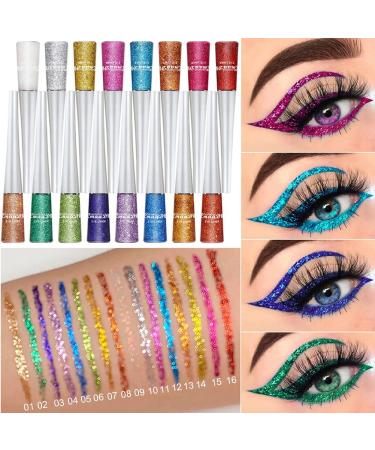 AllbestAye 16 Colors Liquid Glitter Eyeliner Set | Waterproof Long-Lasting Metallic Shimmer Eyeshadow | Sparkling Silver Eyeliner Kit for Party & Festival Makeup - Buy Online on GoSupps.com