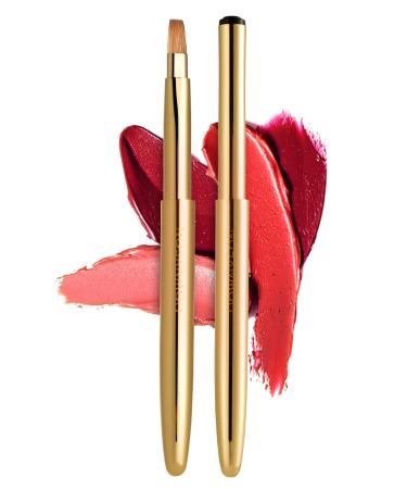 Rownyeon Travel Retractable Lip Brush Applicators Flat for Lipstick Gloss Creams Portable with Cap, Professional Makeup Brush for Women Girls As Christmas Gift and Halloween Makeup Tools Gold