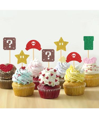 MonMon & Craft Mario Cupcake Toppers - Girls Boys Children Birthday Cupcake Toppers - Video Game Dessert Decor - Baby Shower Birthday Party Decorations Glitter - 24 Pcs - Buy Online on GoSupps.com