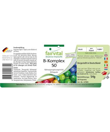 Fairvital | Vitamin B Complex - box of 3 months - with Vitamin B1 B2 B3 B6 B12 folic acid choline inositol and Biotin - VEGAN - Highly dosed - 90 capsules - Buy Online on GoSupps.com
