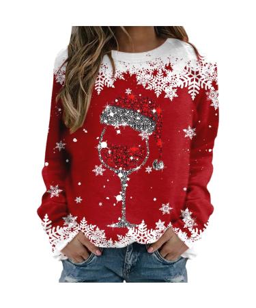 Women's Christmas Sweatshirts Cute Snowman Penguin Print O-Neck Raglan Top Shirt Pullover Comfy Warm Xmas Jumper Winter Long Sleeve Tops Loose Tunic Top Sweaters Z21-red M