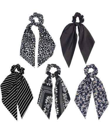 Scarf Scrunchie for Hair Black 2 in 1 Scarves Scrunchies Floral/Stripped Hair Ribbon Ties Chiffon / Silk Ponytail Holder Long Tail Bow Knotted Fashion Vintage Bandana Hair Scrunchy for Women (5pcs)