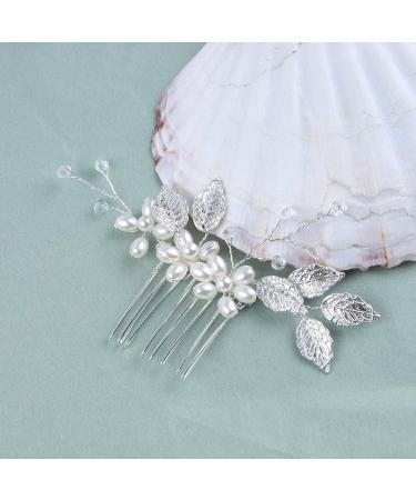 Dervivea Wedding Pearl Flower Hair Comb Silver bridal Leaf Hair Combs Headpiece Vintage Pearl Side Comb Crystal Rhinestone Hair Comb Decorative Hair Accessories for Women and Girls Headdress (Silver) - Buy Online on GoSupps.com