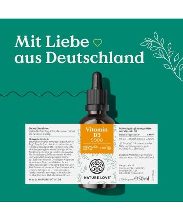Nature Love Vitamin D3 5000 - 50ml Liquid - High Dose Bioavailable Vitamin D in MCT Oil - Lab Tested Made in Germany - Buy Online on GoSupps.com