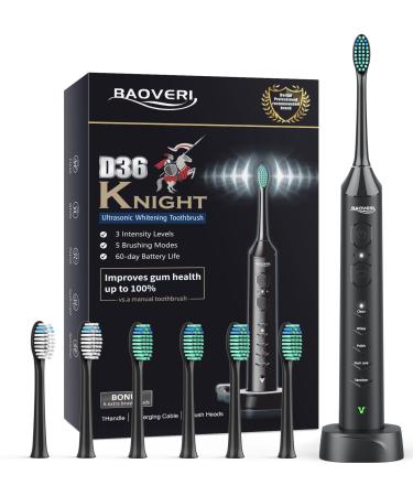 BAOVERI Sonic Electric Toothbrush for Adults - Wireless Rechargeable Toothbrush, 6 Brush Heads - 5 Brushing Modes with 3 Intensities - 42000 VPM Motor - Charge Lasts Up to 60 Days (Midnight Black)