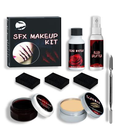 Halloween SFX Makeup Kit Scars Wax Fake Blood Gel Fake Blood Spray Spatula Stipple Sponge Scar Water Create Fake Wound Special Effects Makeup Kit Make Specail Effects For Halloween Festival & Party