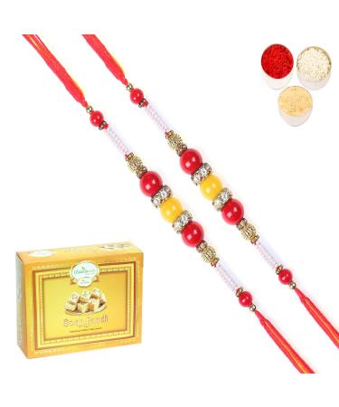Ghasitaram Gifts Rakhi for Brother Rakhis Online - Set of 2-2K-266 Fancy Thread Rakhis with 400 GMS of Soan Papdi Set of 2 Rakhis with 400 gms of Soan Papdi