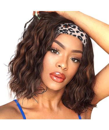 Short Bob Wavy Headband Wigs for Black Women Mixed Brown Synthetic Wavy Wig with Headband Attached Glueless Highlights Heat Resistant Half Wig for Daily Use (14 inch)
