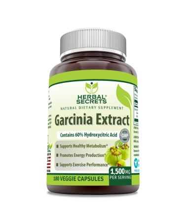 Herbal Secrets Garcinia Extract Natural Dietary Supplement - 1500 Milligrams - 180 Veggie Capsules - Kickstarts Metabolism - Energy Production
