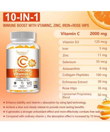 2 Pack Liposomal Vitamin C 2000mg Gummies Complex Rose HIPS with D3 5000IU Elderberry Echinacea Iron & Zinc for Adults Kids Immune Antioxidant & Collagen Support Orange Flavor 120Count 60 Count (Pack of 2) - Buy Online on GoSupps.com