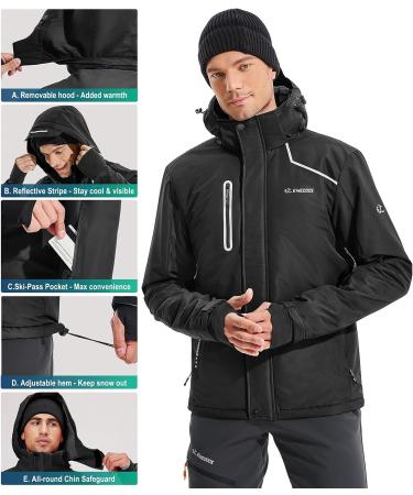 Ewedoos Men's Windproof Waterproof Ski Jacket with Detachable Hood - Black, Large - Buy Online on GoSupps.com