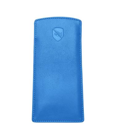 ALLEN & MATE Genuine Leather Glasses Case Slim Soft Eyeglass Case Cover with Glasses Cleaning Cloth Blue Premium