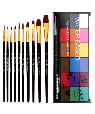 Face Painting Kit Non-toxic Body Paint Washable 18 Colors Facepaint Makeup Kit for Adults with 10 Face Paint Brushes for Halloween Party Cosplay Makeup (Color 001)