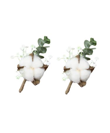 Angel Isabella Pack of 2 Boutonnieres -Natural Cotton Baby Breath Eucalyptus Twine Wrapped Pearl Headed pin Included Rustic Wedding Prom Event