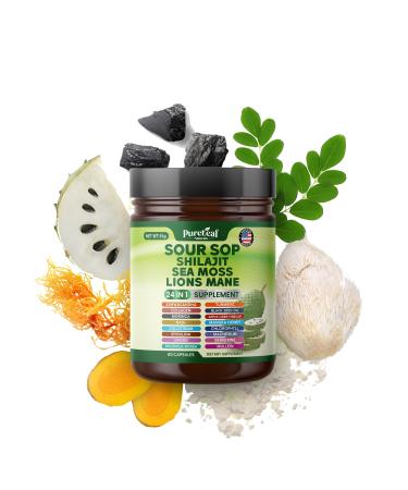 PureLeaf Naturals - Soursop Shilajit Sea Moss and Lions Mane - 24-in-1 Supplement with Ashwagandha Black Seed Oil Rhodiola Rosea Ginger Collagen Turmeric - Made in USA - 60 Capsules