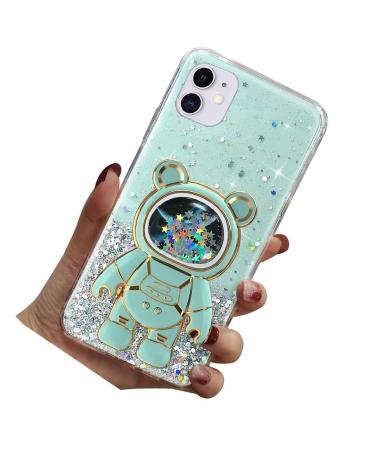 Rnrieyta Magon B r Astronaut Stander Shell Glitzer for iPhone 12 cute girls thin crystal protective cover Treisand bling transparent case bumper with astronaut holder kickstand green iPhone 12 green