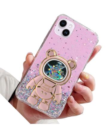 Rnrieyta Magon B r Astronaut Cistress Glitzer for iPhone 15 Plus Cute girls thin crystal protective cover Treisand bling transparent case bumper with astronaut holder kickstand pink iPhone 15 plus pink