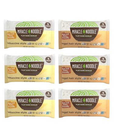Miracle Noodle Fettuccini & Angel Hair Pasta Variety Pack - Plant Based Shirataki Noodles, Keto, Vegan, Gluten-Free, Low Carb, Paleo, Kosher, Zero Calories, Soy Free, Non-GMO - 7 oz (Pack of 6)
