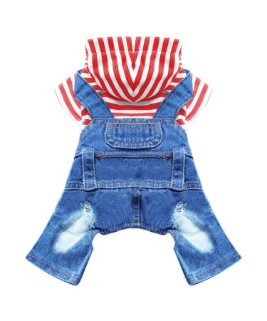 DOGGYZSTYLE Small Dog Hoodie Clothes Cute Stripe Shirts Denim Jumpsuit One-Piece Outfit for Small Medium Dogs Cats Boy Girl Chihuahua Blue Jeans Overalls Puppy Costume (Red,XL) X-Large Red